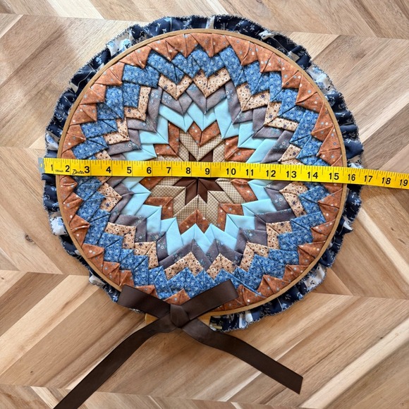 VTG Handmade Folded Fabric Star Quilted Wall Hanging Blue Brown 16"  Cottagecore - Picture 2 of 3